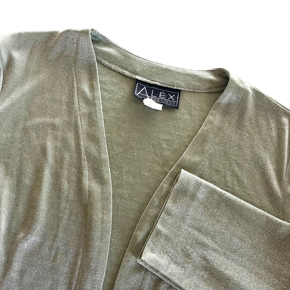 Alex Evenings Women Olive Green Silver Metallic Open Front Cardigan Glam Elegant